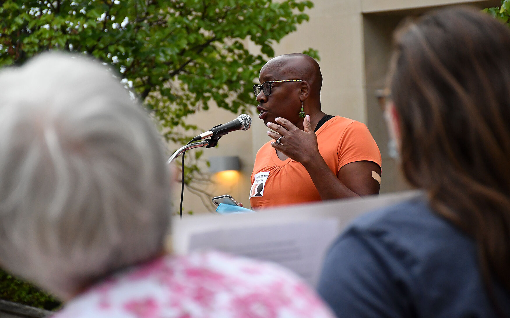 Traci Wilson-Kleekamp speaks before a crowd at the People Before Projects rally
